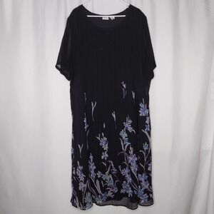 Gunit Vtg Maxi Dress 26W‎ Black Purple Floral Pleated Short Sleeve Gown Grunge